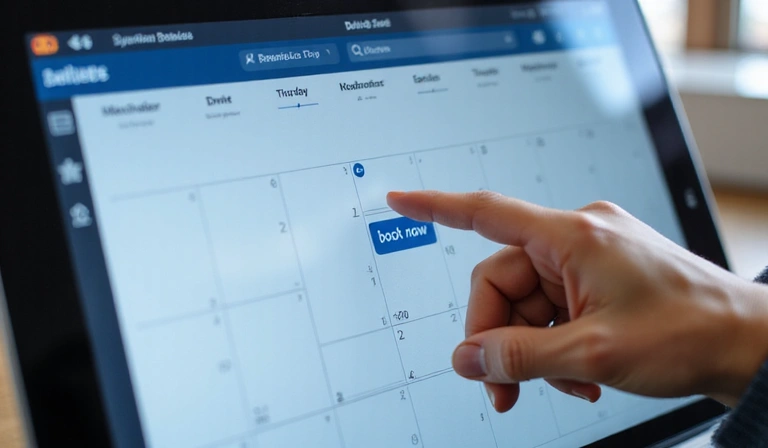 Cyfrowy kalendarz z zaznaczoną datą i dłonią klikającą przycisk 'umów teraz' na ekranie, w tle rozmazane elementy interfejsu użytkownika, estetyka czysta i cyfrowa.