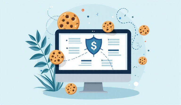 Illustration of a cookie icon with data flowing into a web browser, representing the use of cookies for website analytics and personalization.