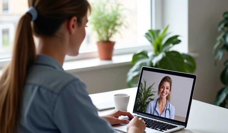 Osoba podczas wideorozmowy z dietetykiem, widoczny ekran laptopa